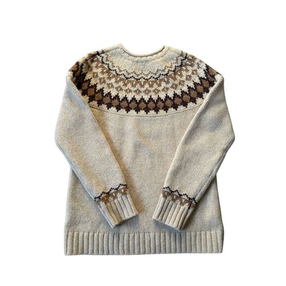 LL Bean Fair Isle Crew Neck Sweater Women’s Size Small cream brown 100% wool - Picture 3 of 8